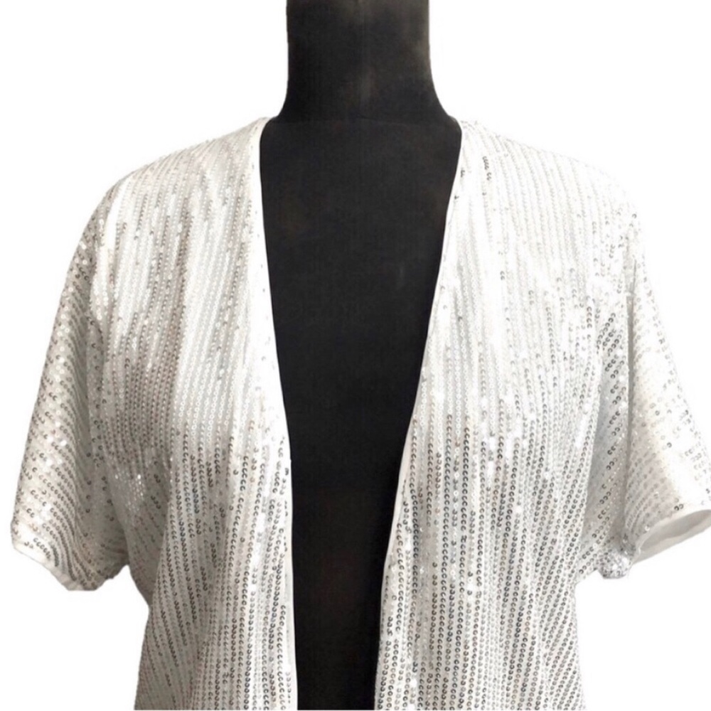 White & Silver Sequin Open-Front Cardigan/Shrug